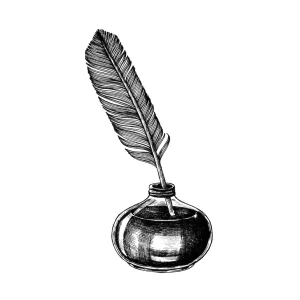 Drawing of a quill pen in an inkwell